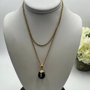 Avon Signed Gold Tone Chain Dark‎ Purple Ball Pendant Rhinestone Necklace